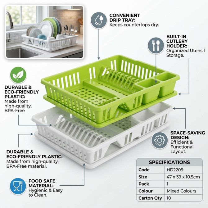 Plastic Dish Drainer Rack With DripTray & Cutlery Holder 47x39x10.5cm TOOLS & GADGETS image